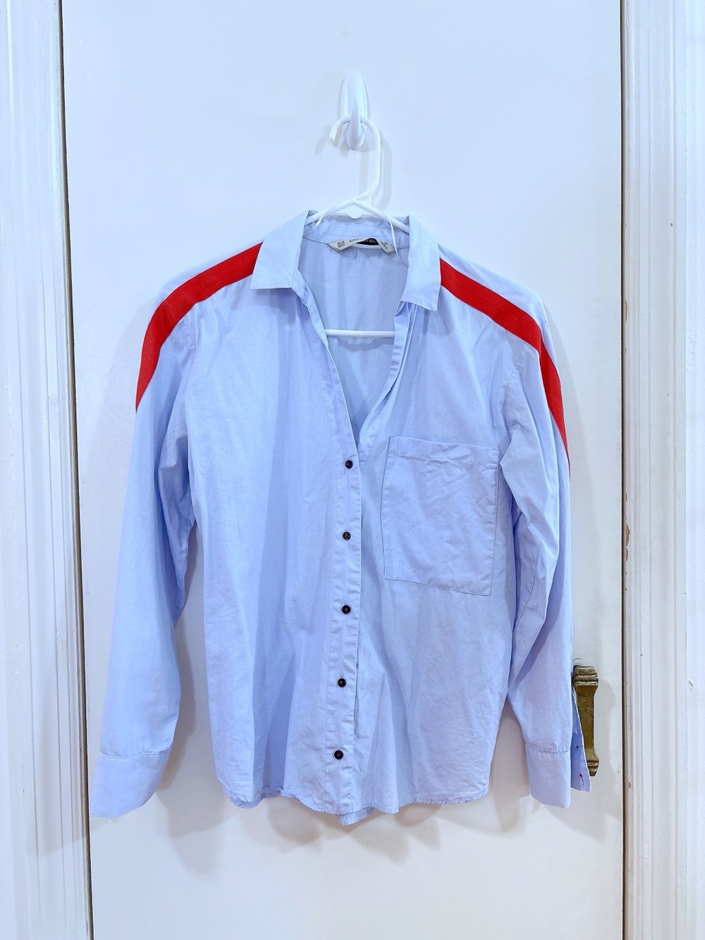 Zara Light Blue Button-Up Shirt with Red Shoulder Stripes